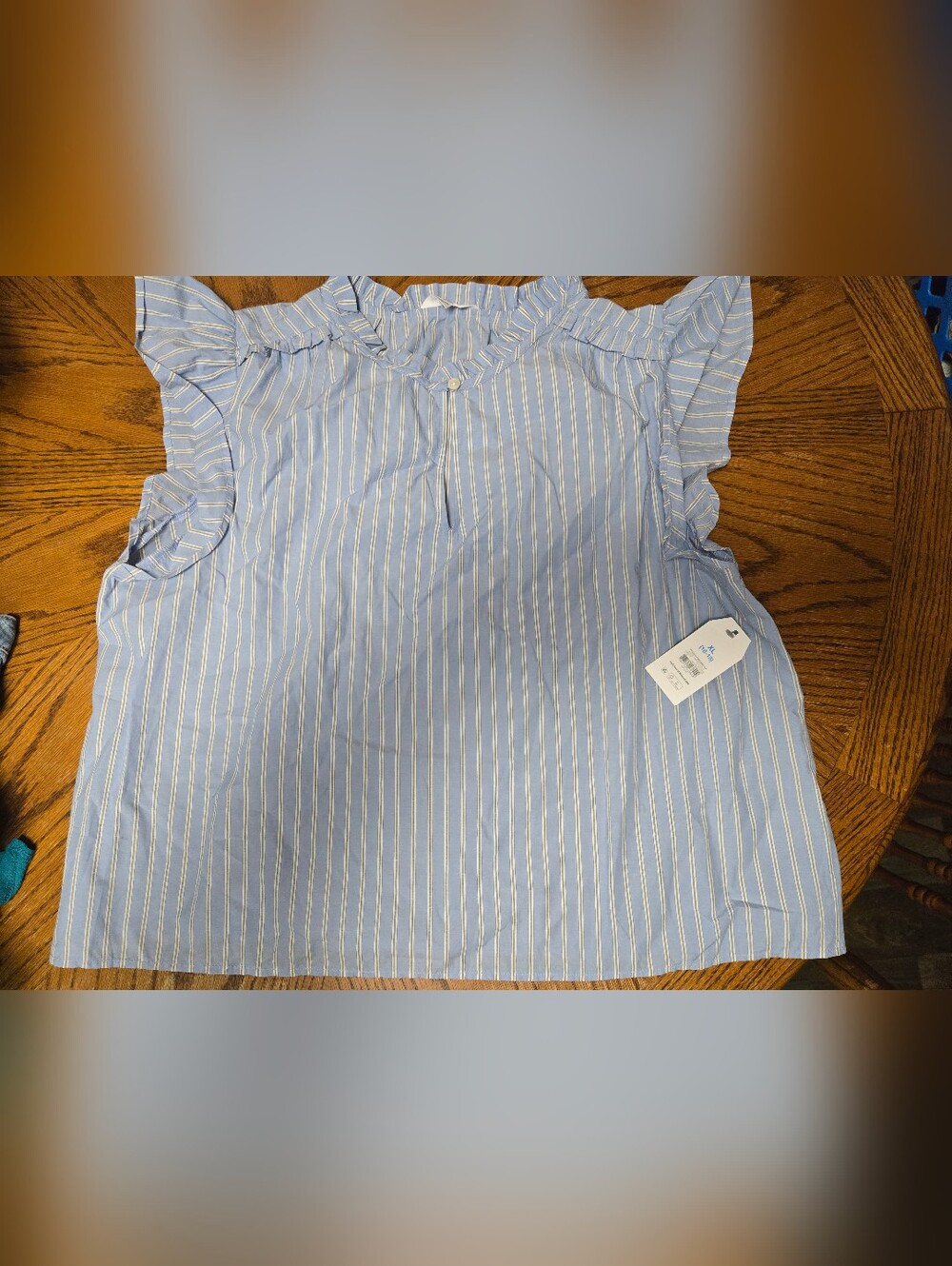 Time and Tru Light Blue and White Striped Ruffle Sleeve Blouse